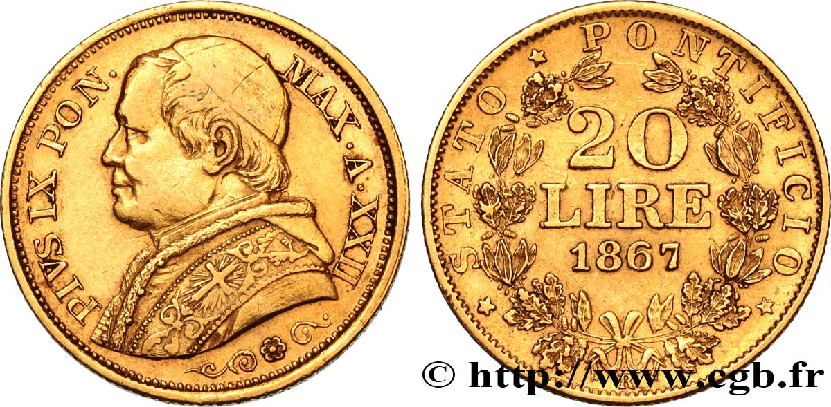VATICAN AND PAPAL STATES 20 Lire Pie IX année XXII 1867 Rome XF/AU 