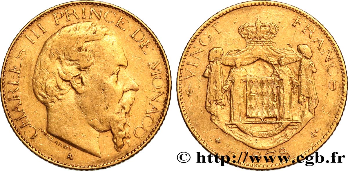 MONACO - PRINCIPALITY OF MONACO - CHARLES III 20 Francs 1878 Paris VF 