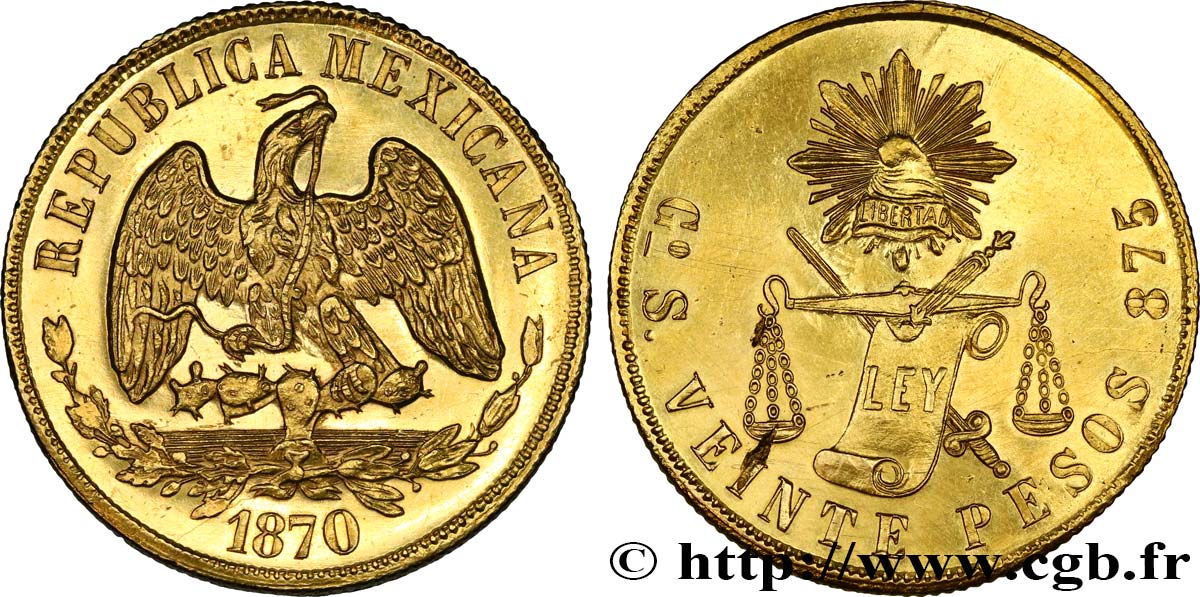 MEXICO - REPUBLIC 20 Pesos 1870 Guanajuato SC 