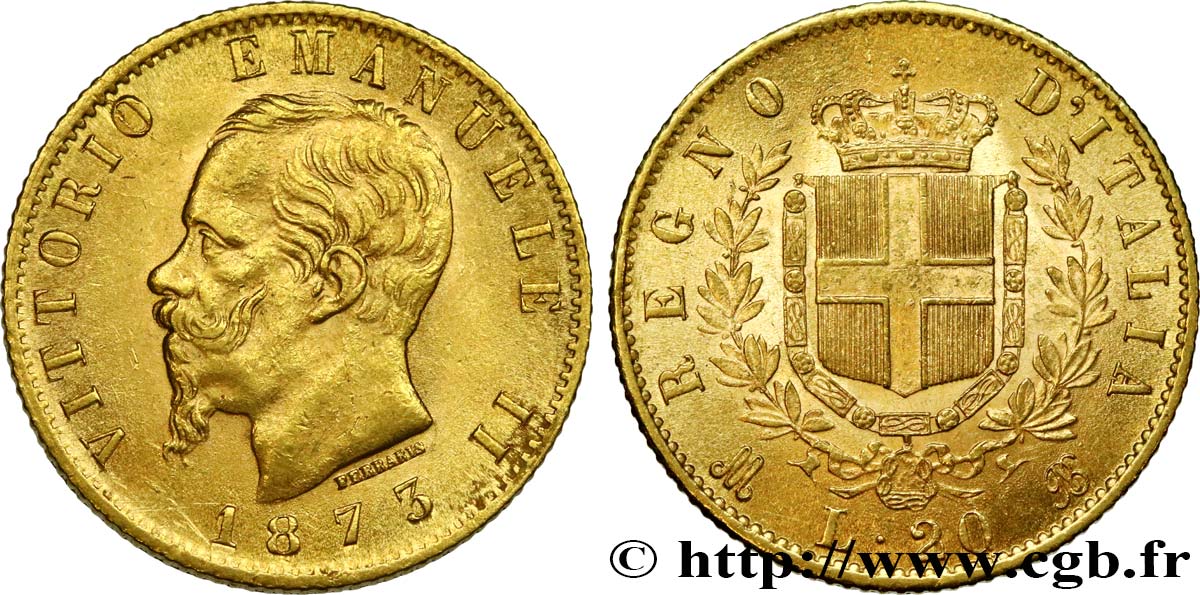 ITALIA 20 Lire Victor Emmanuel II 1873 Milan EBC 