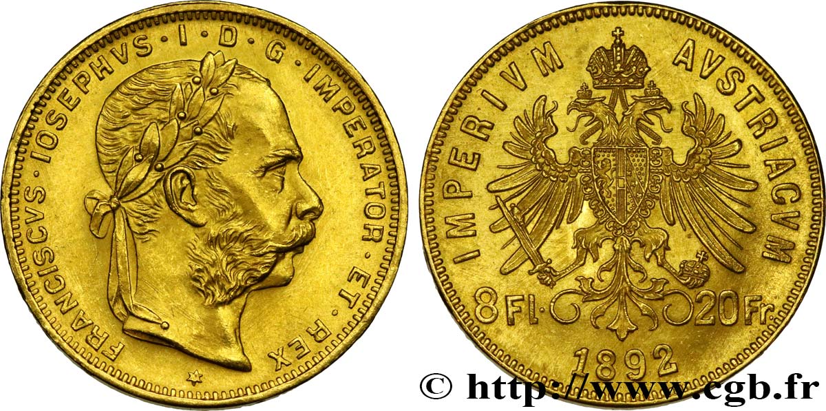 AUSTRIA 8 Florins ou 20 Francs or François-Joseph Ier 1892 Vienne MS 
