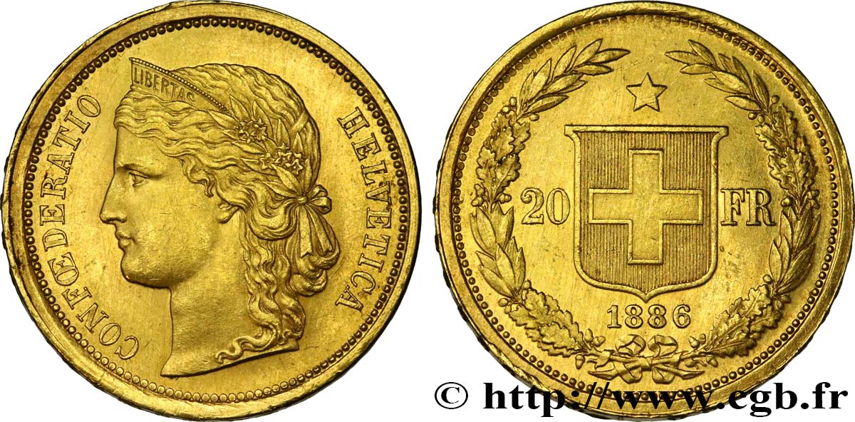 SCHWEIZ 20 Francs Helvetia 1886 Berne VZ 