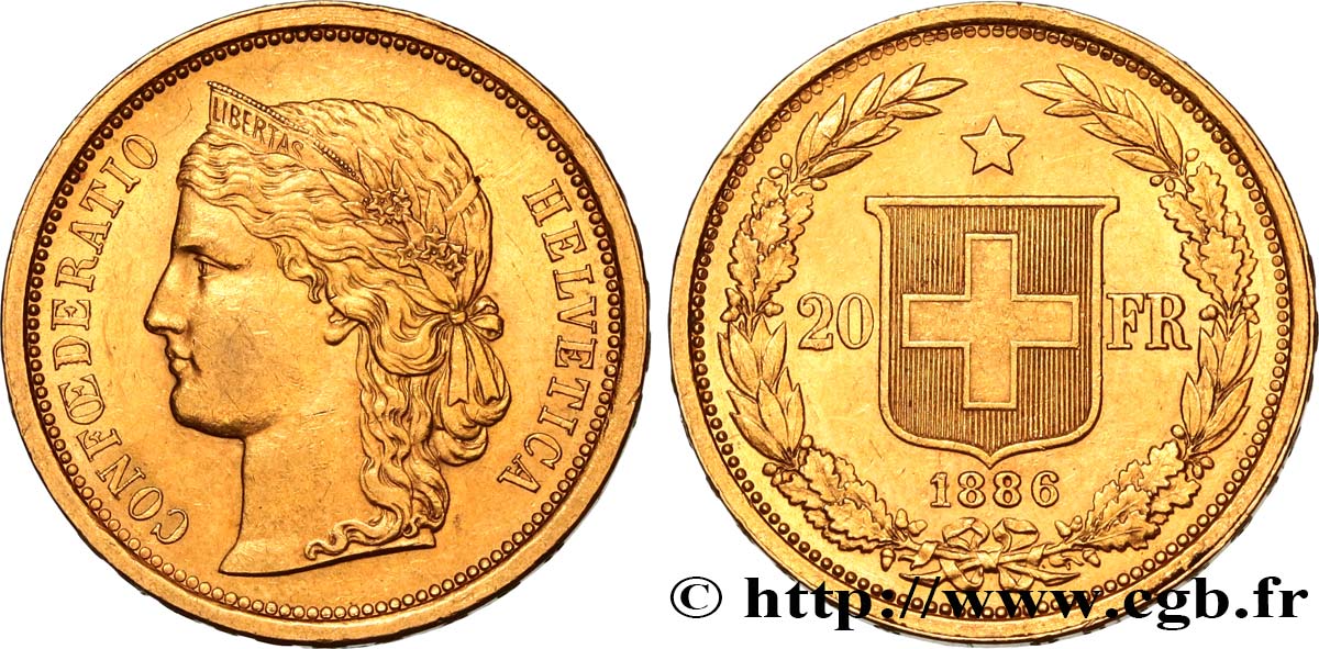 SUIZA 20 Francs Helvetia 1886 Berne EBC 