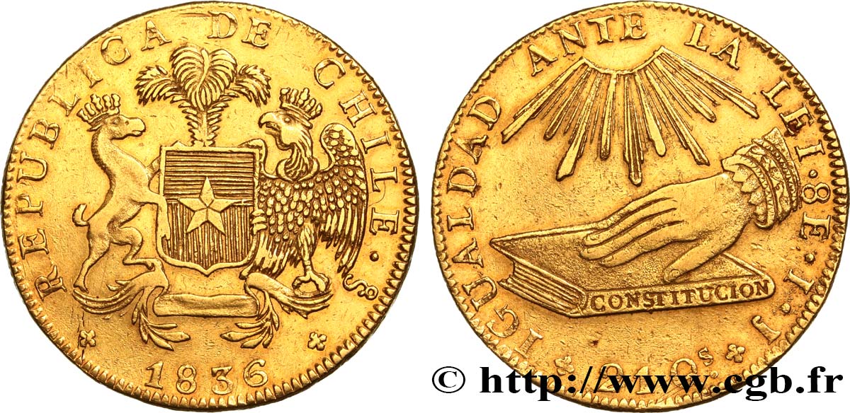 CHILI - RÉPUBLIQUE 8 Escudos 1836 Santiago AU 