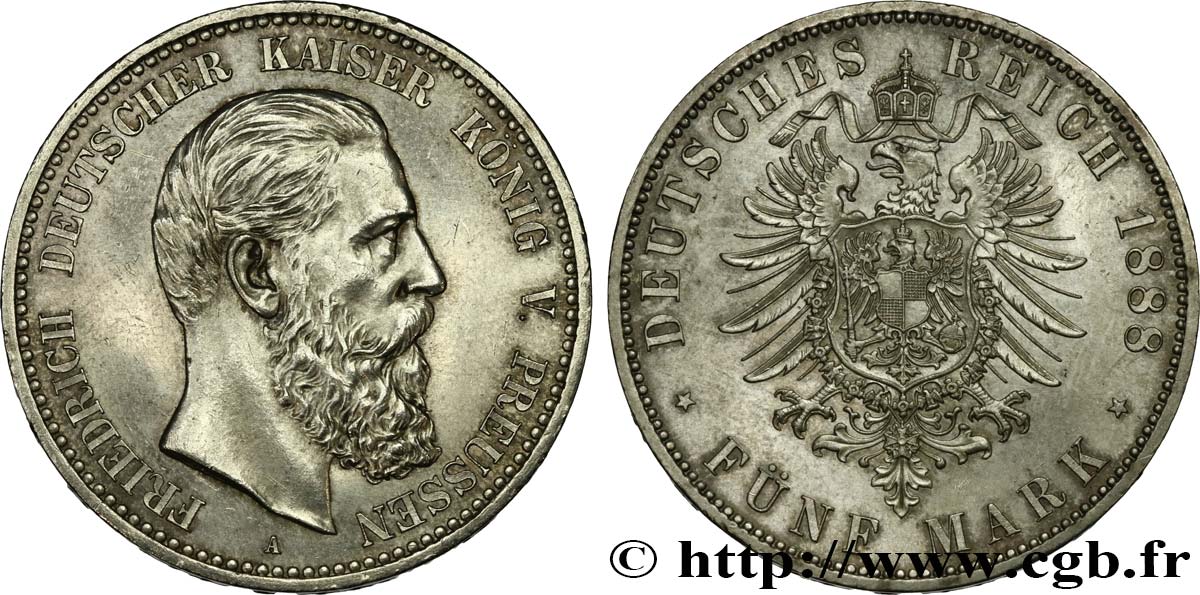 GERMANIA - PRUSSIA 5 Mark Frédéric III 1888 Berlin MS 