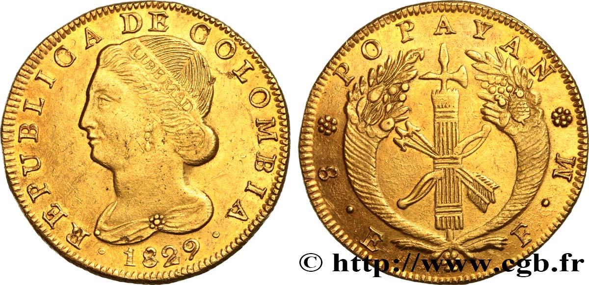 COLOMBIA - REPUBLIC OF COLOMBIA 8 Escudos 1829 Popayan AU/AU 