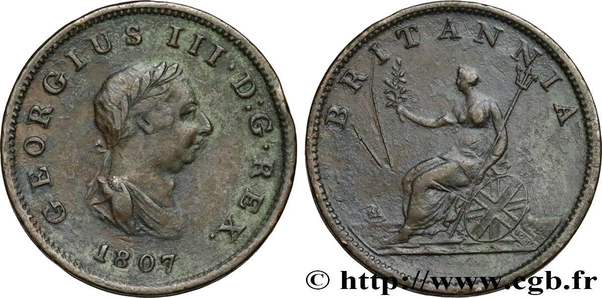 REINO UNIDO 1/2 Penny Georges III tête laurée 1807  BC 