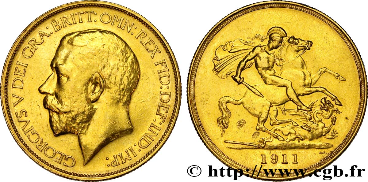 GRANDE-BRETAGNE - GEORGES V 5 Pounds (5 souverains) 1911 Londres AU/XF 