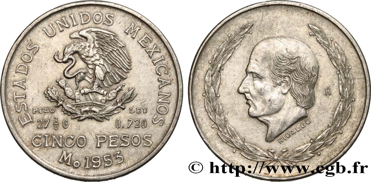 MÉXICO 5 Pesos Bicentenaire de la naissance d’Hidalgo 1953 Mexico MBC+ 