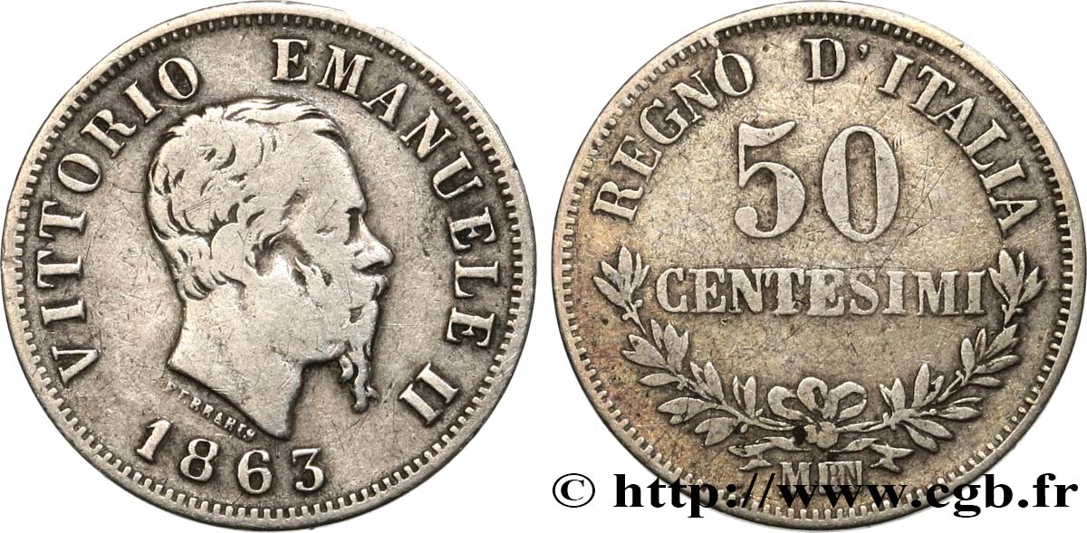 ITALY 50 Centesimi Victor Emmanuel II 1863 Milan VF 