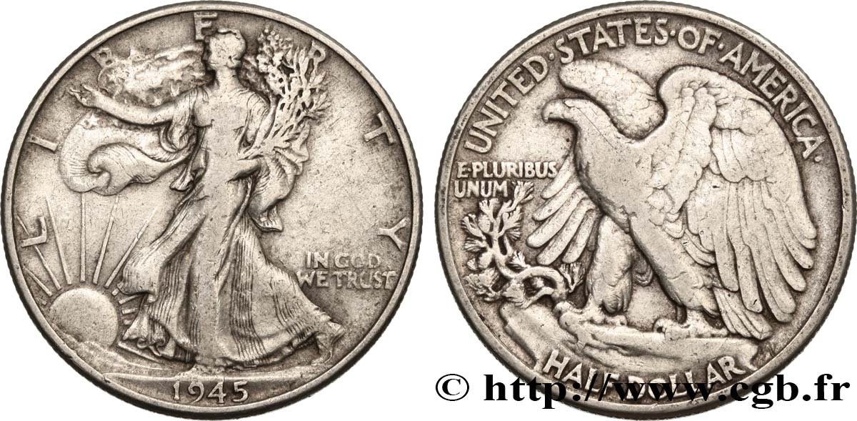 ÉTATS-UNIS D AMÉRIQUE 1/2 Dollar Walking Liberty 1945 Philadelphie TB 