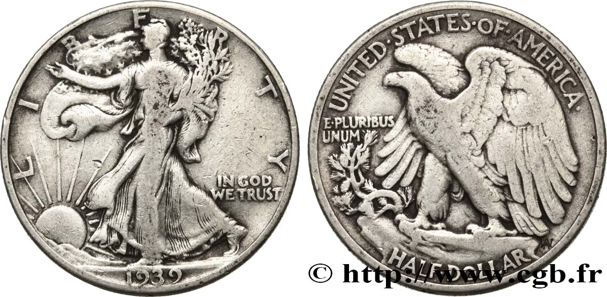 ÉTATS-UNIS D AMÉRIQUE 1/2 Dollar Walking Liberty 1939 Philadelphie TB 