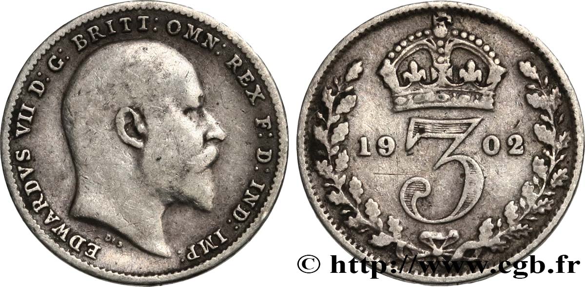 UNITED KINGDOM 3 Pence Edouard VII 1902  XF 