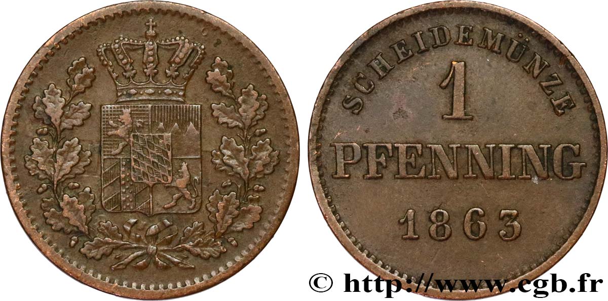 DEUTSCHLAND - BAYERN 1 Pfennig Royaume de Bavière, écu couronné 1863  SS 