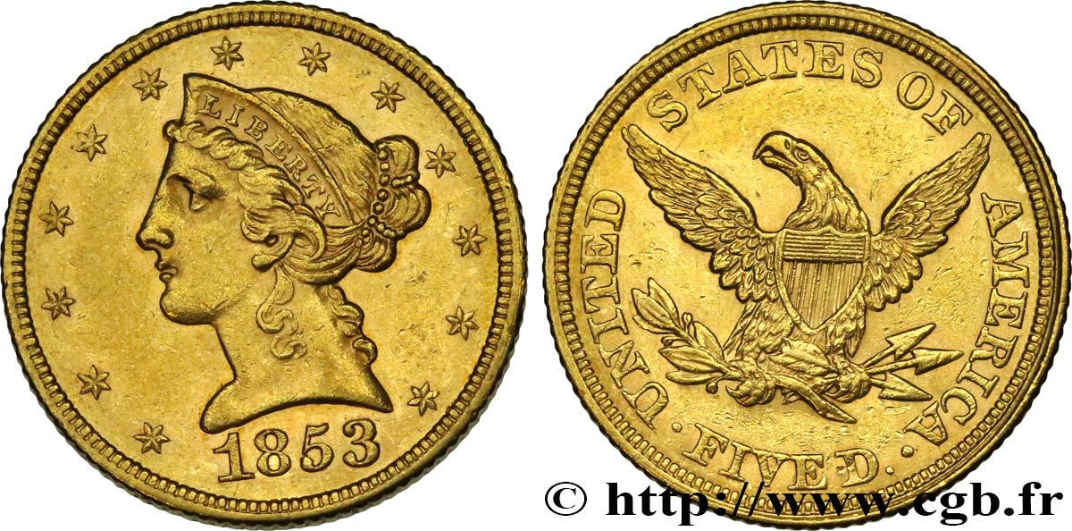 ÉTATS-UNIS D AMÉRIQUE 5 Dollars  Liberty  1853 Philadelphie AU 