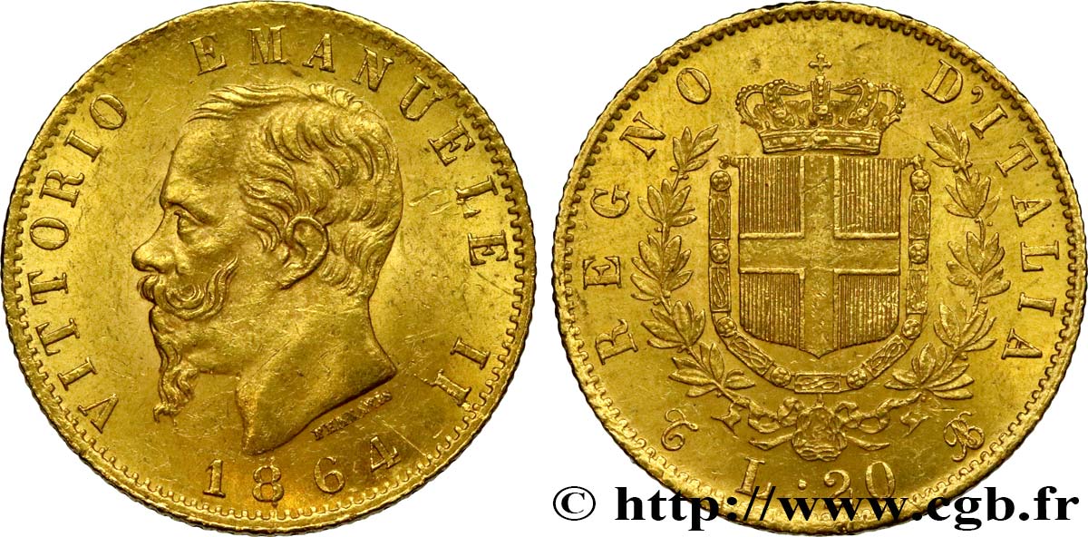 ITALIA 20 Lire Victor Emmanuel II  1864 Turin EBC 
