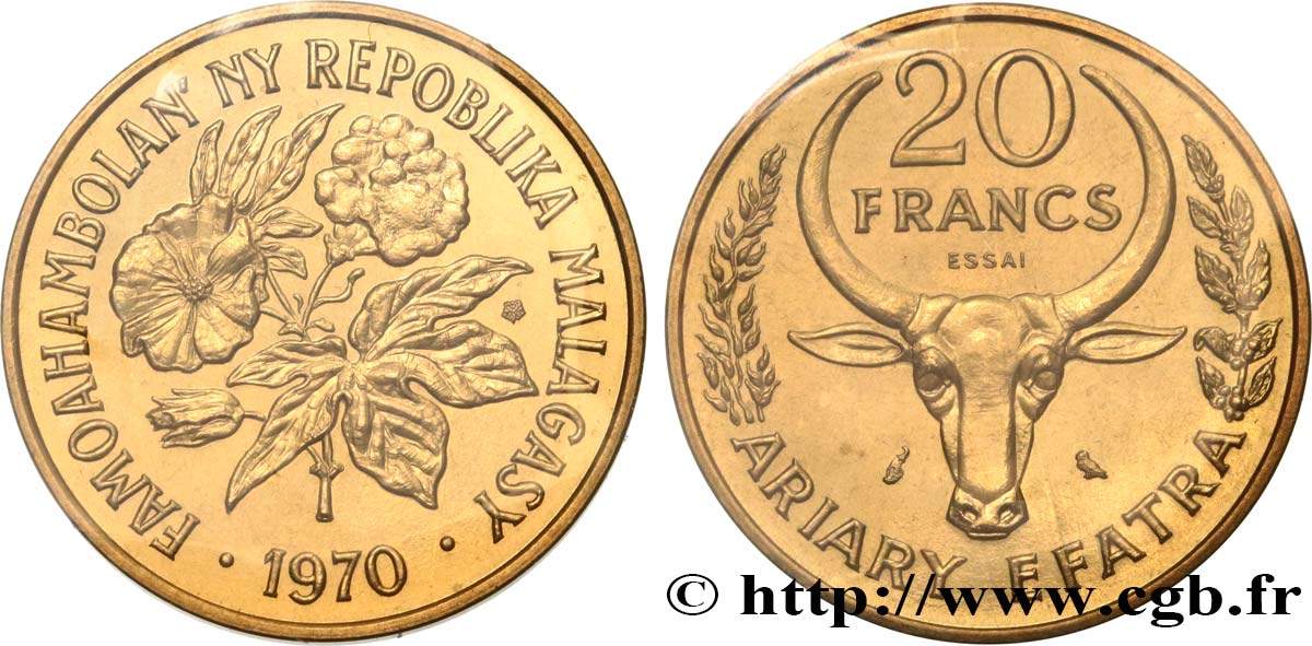 MADAGASKAR Essai de 20 Francs - 4 Ariary 1970 Paris fST 