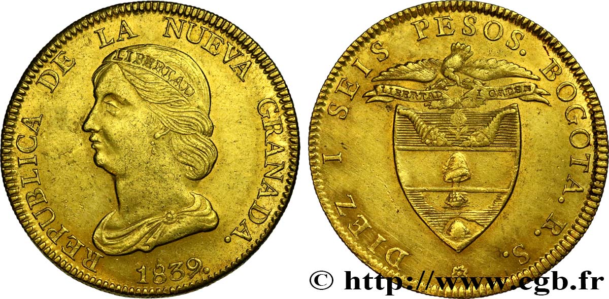 COLOMBIE - RÉPUBLIQUE DE NOUVELLE GRENADE 16 Pesos en or 1839 Bogota SUP 