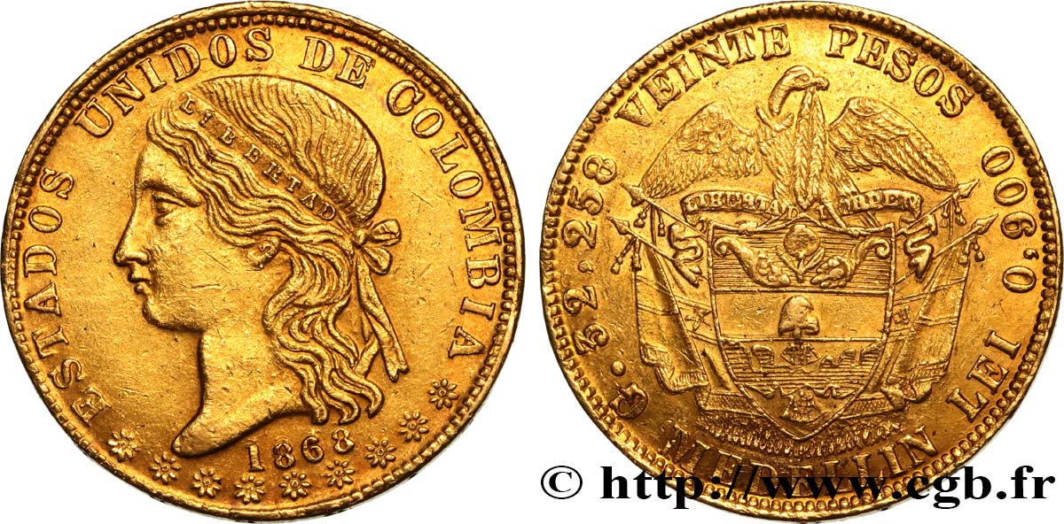 COLOMBIA - REPUBBLICA DELLA NUOVA GRANADA 20 Pesos 1868 Medellin SPL 