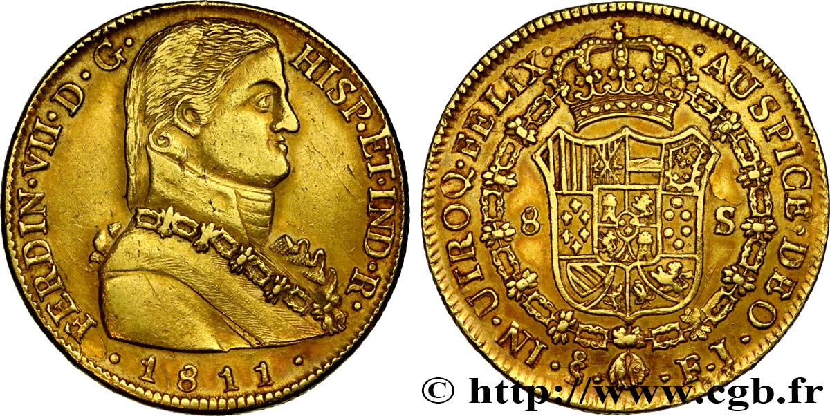 CHILI - FERDINAND VII 8 Escudos 1811 Santiago MBC 