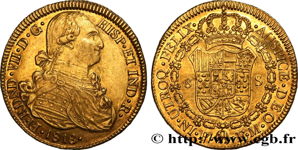 CCOLOMBIA - FERDINAND VII 8 Escudos 1818 Popayan AU 