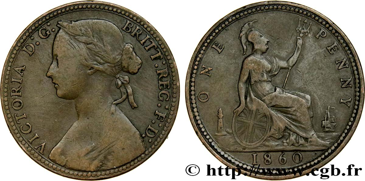 UNITED KINGDOM 1 Penny Victoria “Bun Head” 1860  VF/VF 