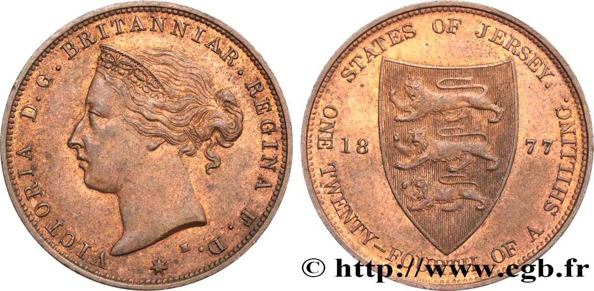 ISLA DE JERSEY 1/24 Shilling Victoria 1877 Heaton EBC 
