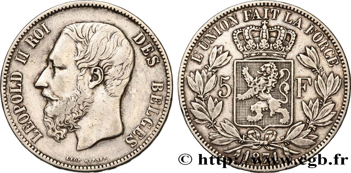 BÉLGICA 5 Francs Léopold II 1871  BC+ 