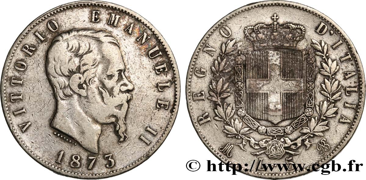 ITALIE 5 Lire Victor Emmanuel II 1873 Milan TB 