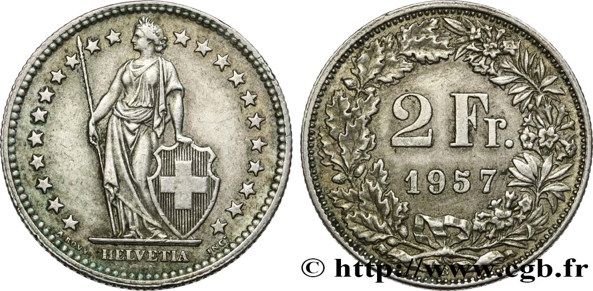 SCHWEIZ 2 Francs Helvetia 1957 Berne - B fVZ 