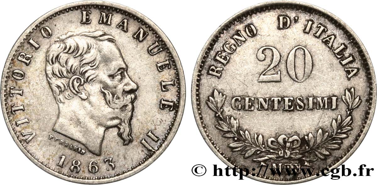ITALIA 20 Centesimi Victor Emmanuel II 1863 Milan q.SPL 