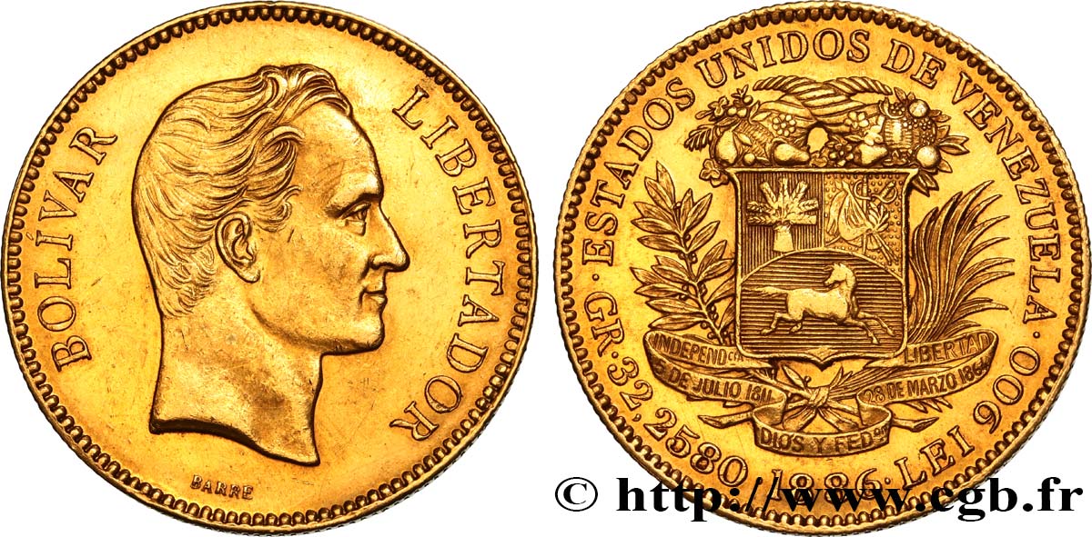 VENEZUELA - REPUBLIC 100 Bolivares 1886 Caracas AU 