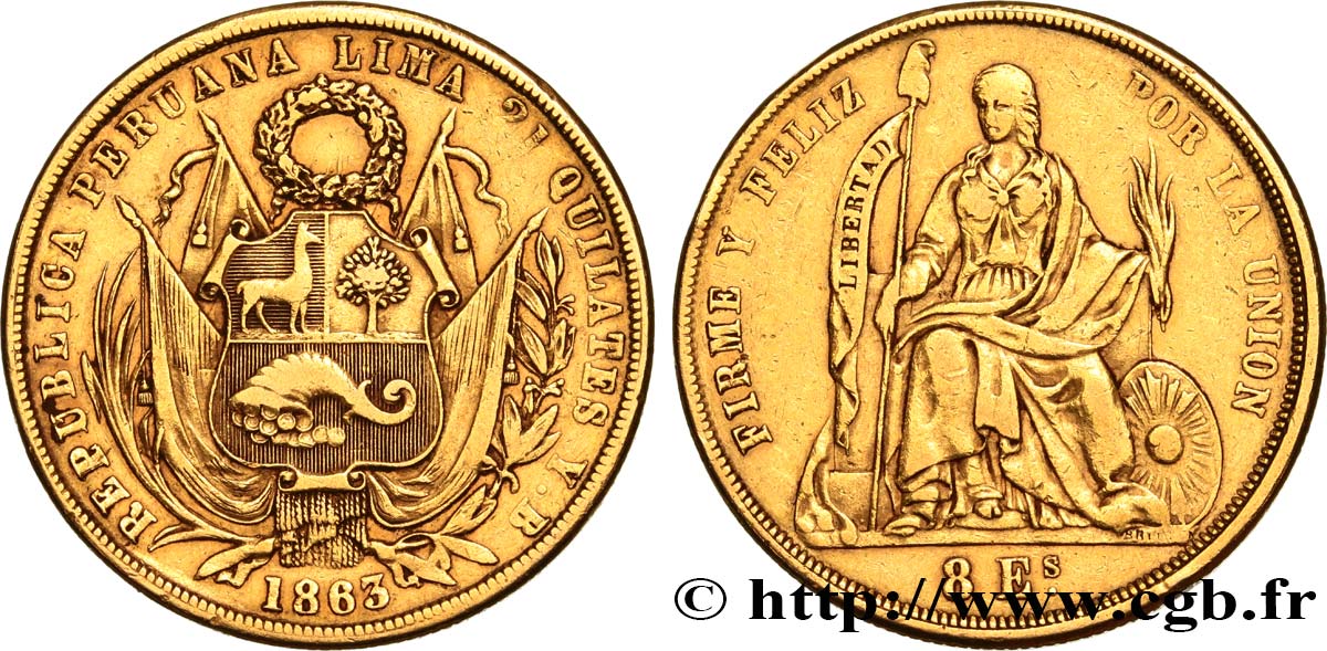 PERU - REPUBLIC 8 Escudos 1863 Lima VF 