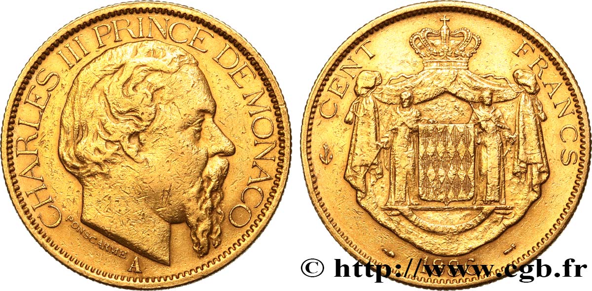 MONACO 100 Francs or Charles III 1886 Paris XF 