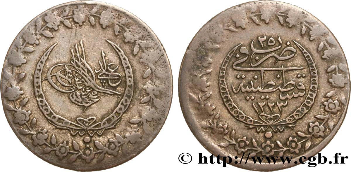 TURKEY 2 1/2 Kurush (100 Para) au nom de Mahmud II AH1223 / an 25 1832 Constantinople XF 
