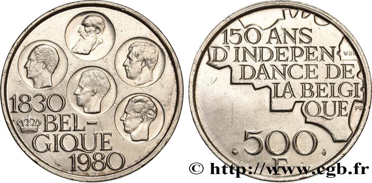 BELGIEN 500 Francs légende française 150e anniversaire de l’indépendance, portrait des 5 rois / carte de Belgique 1980 Bruxelles VZ 