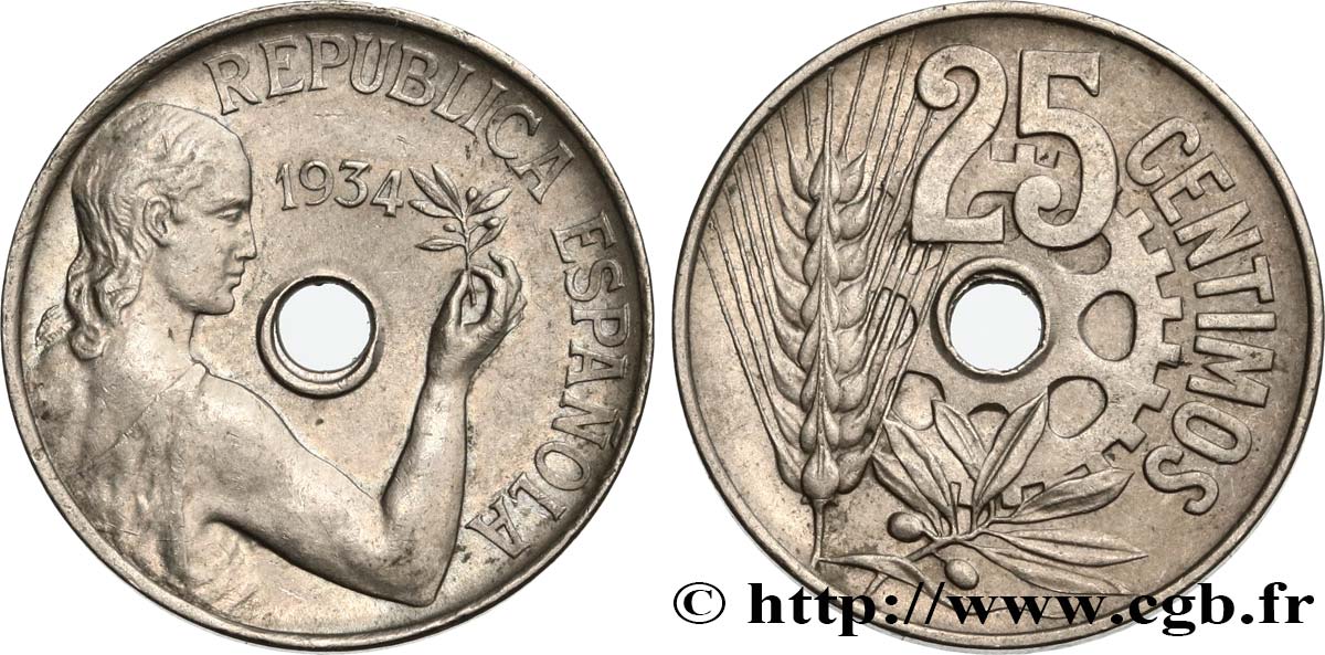 ESPAÑA 25 Centimos monnayage républicain 1934  MBC+ 