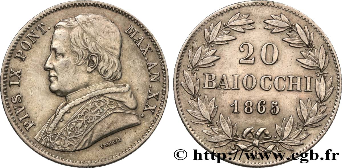 VATICAN ET ÉTATS PONTIFICAUX 20 Baiocchi Pie IX an XX 1865 Rome TTB+ 