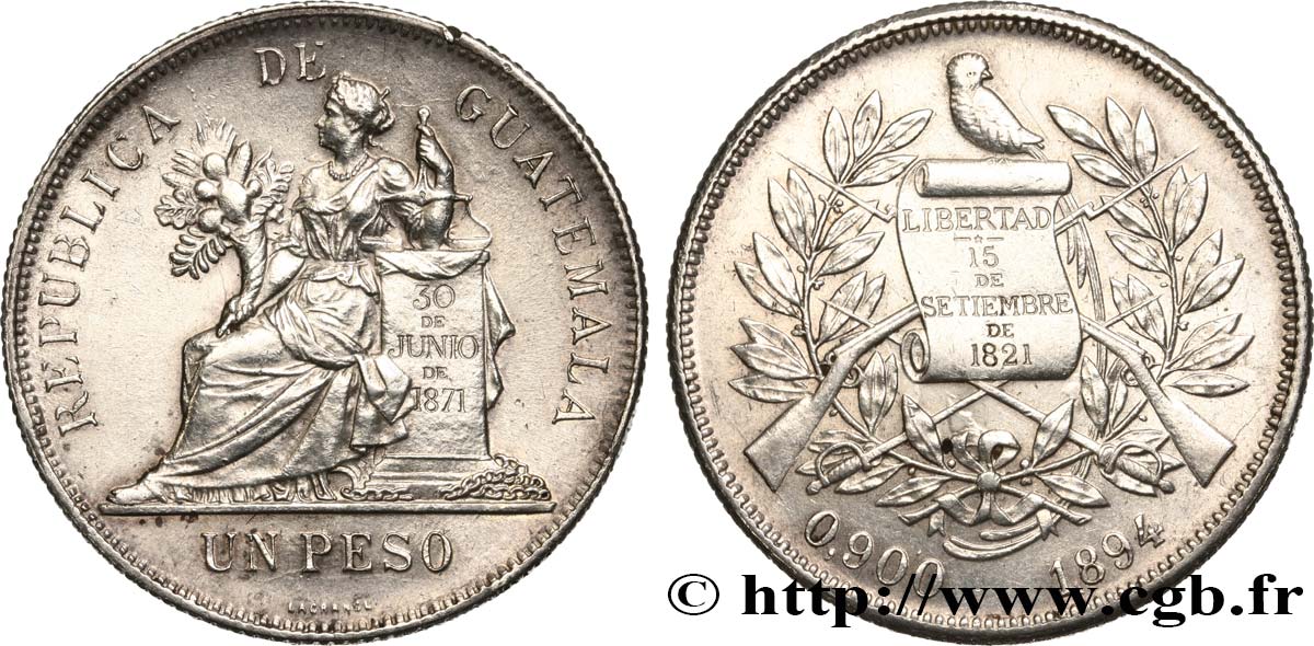 GUATEMALA 1 Peso 1894 Heaton VZ 