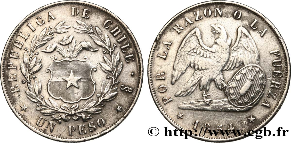 CHILE - REPUBLIC Peso 1854 Santiago XF 