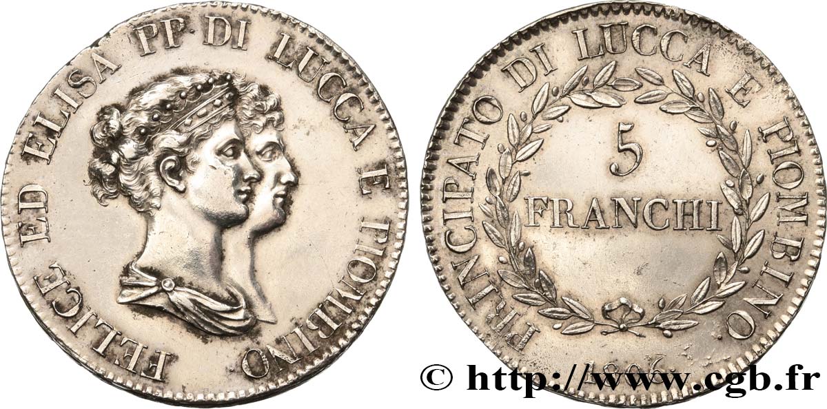 ITALIEN - FÜRSTENTUM LUCQUES UND PIOMBINO - FÉLIX BACCIOCHI AND ELISA BONAPARTE 5 Franchi, bustes moyens 1806 Florence VZ 