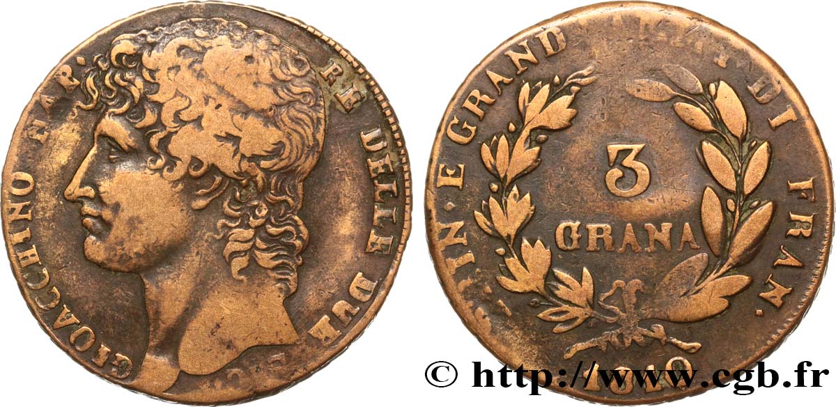 ITALY - KINGDOM OF THE TWO SICILIES 3 Grana Joachim Murat 1810  VF/VF 