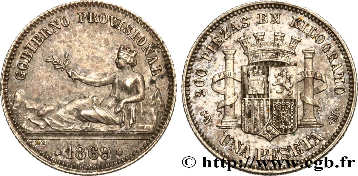SPAIN 1 Peseta monnayage provisoire avec mention “Gobierno Provisional” 1869 Madrid AU 