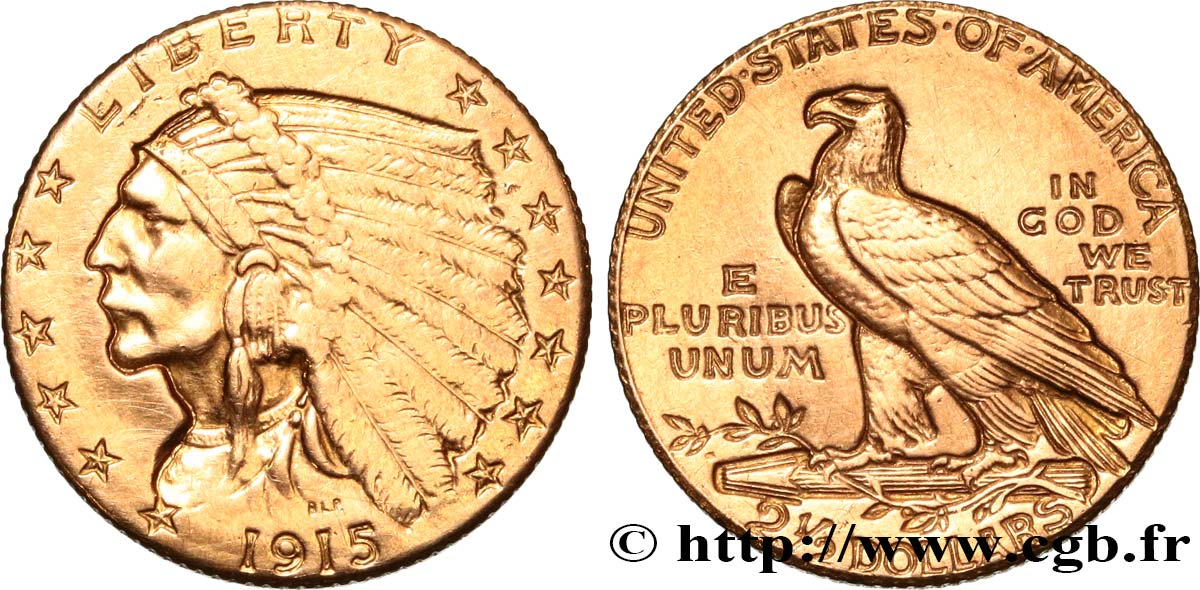 UNITED STATES OF AMERICA 2 1/2 Dollars  Indian Head  1915 Philadelphie VF 