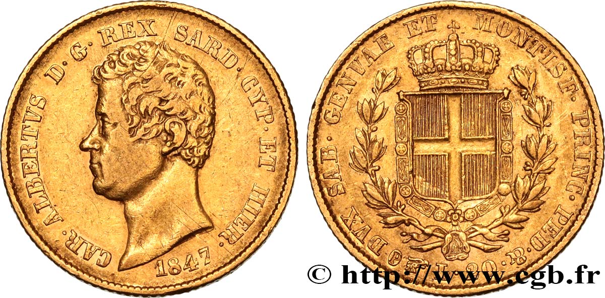 ITALY - KINGDOM OF SARDINIA 20 Lire Charles-Albert 1847 Turin XF/AU 