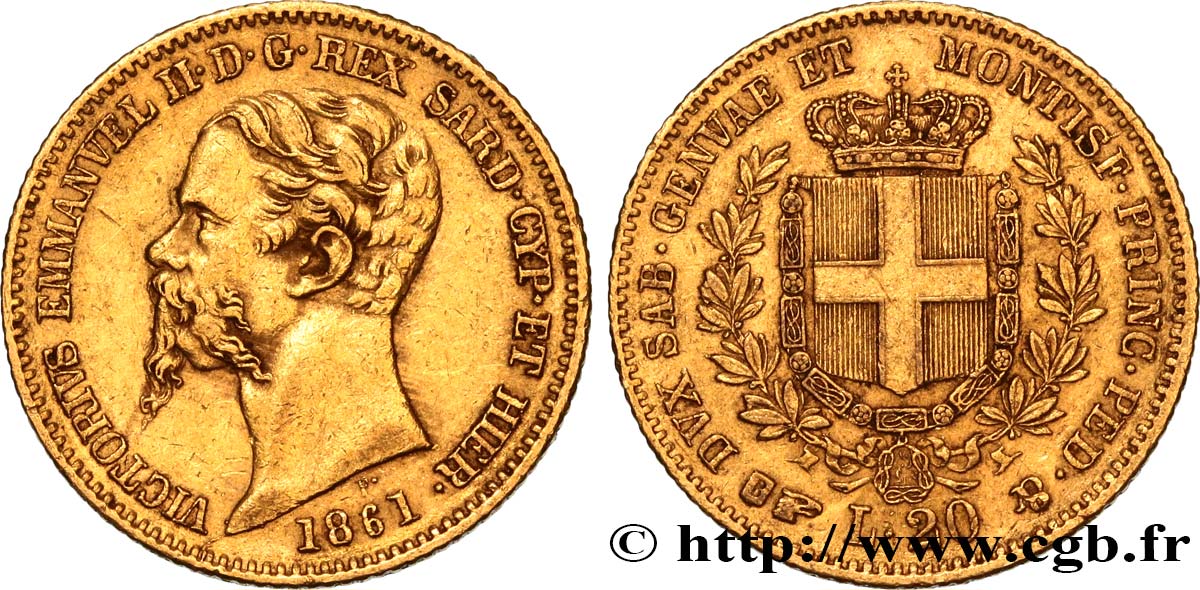 ITALY - KINGDOM OF SARDINIA 20 Lire Victor-Emmanuel II 1861 Turin XF/AU 