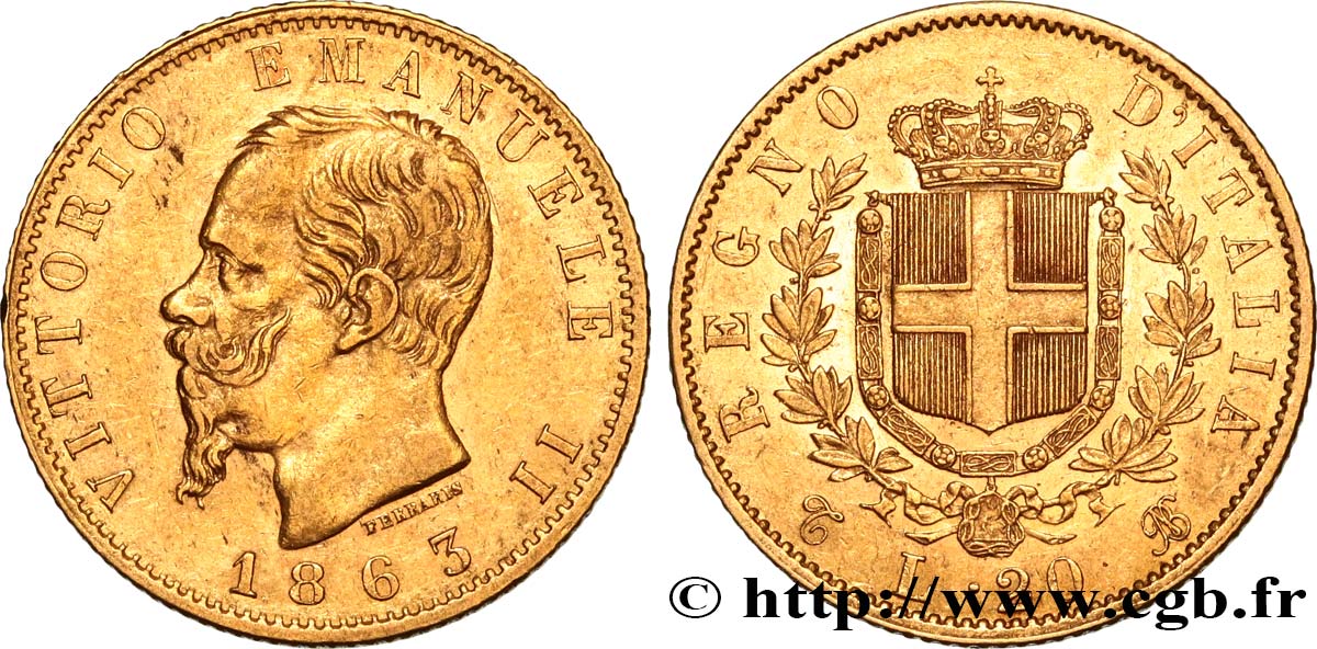 ITALY 20 Lire Victor Emmanuel II 1863 Turin AU 