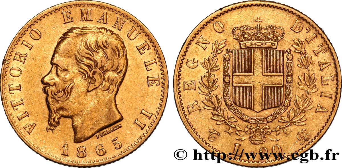 ITALIE 20 Lire Victor Emmanuel II  1865 Turin TTB/TTB+ 