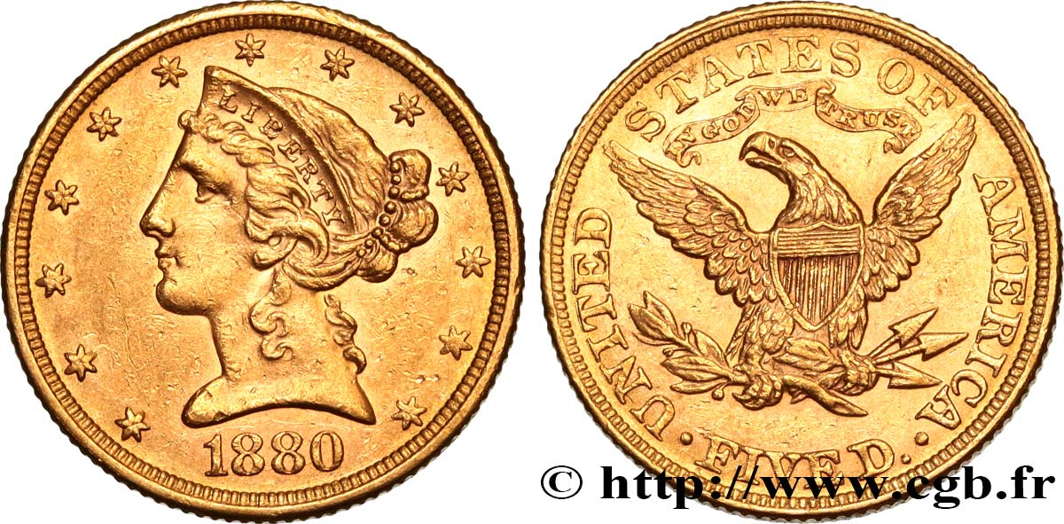 ÉTATS-UNIS D&nbsp;AMÉRIQUE 5 Dollars &nbsp;Liberty&nbsp; 1880 Philadelphie SUP 