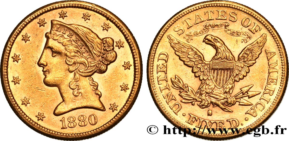 ÉTATS-UNIS D AMÉRIQUE 5 Dollars  Liberty  1880 San Francisco SUP 